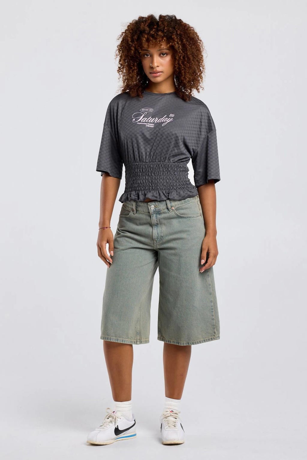 Grijze dames America Today top van polyester met korte mouwen en ronde hals