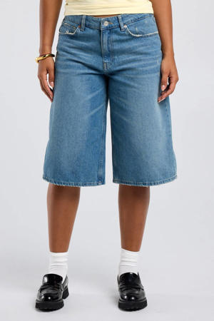 wide leg regular waist short medium blue denim