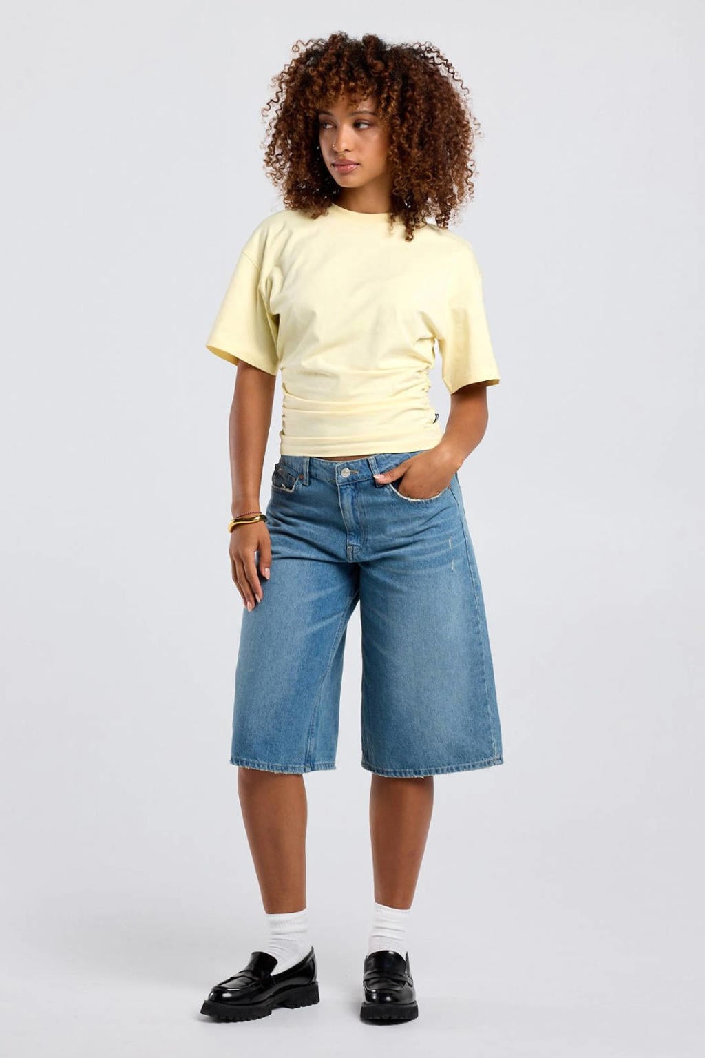 Medium blue denim dames America Today wide leg regular waist short van denim met rits- en knoopsluiting en effen