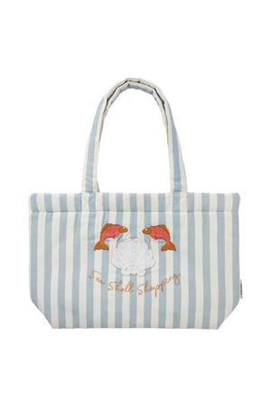 katoenen gestreepte tas met borduursels - blauw/wit