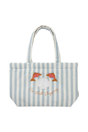 katoenen gestreepte tas met borduursels - blauw/wit
