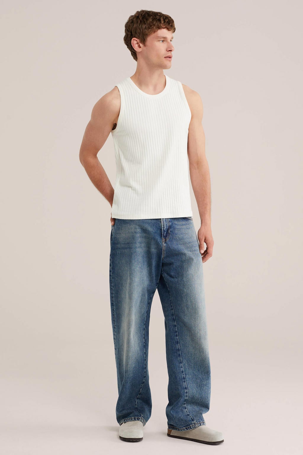Ecru heren WE Fashion regular fit tanktop van katoen met effen, ronde hals en gebreide details