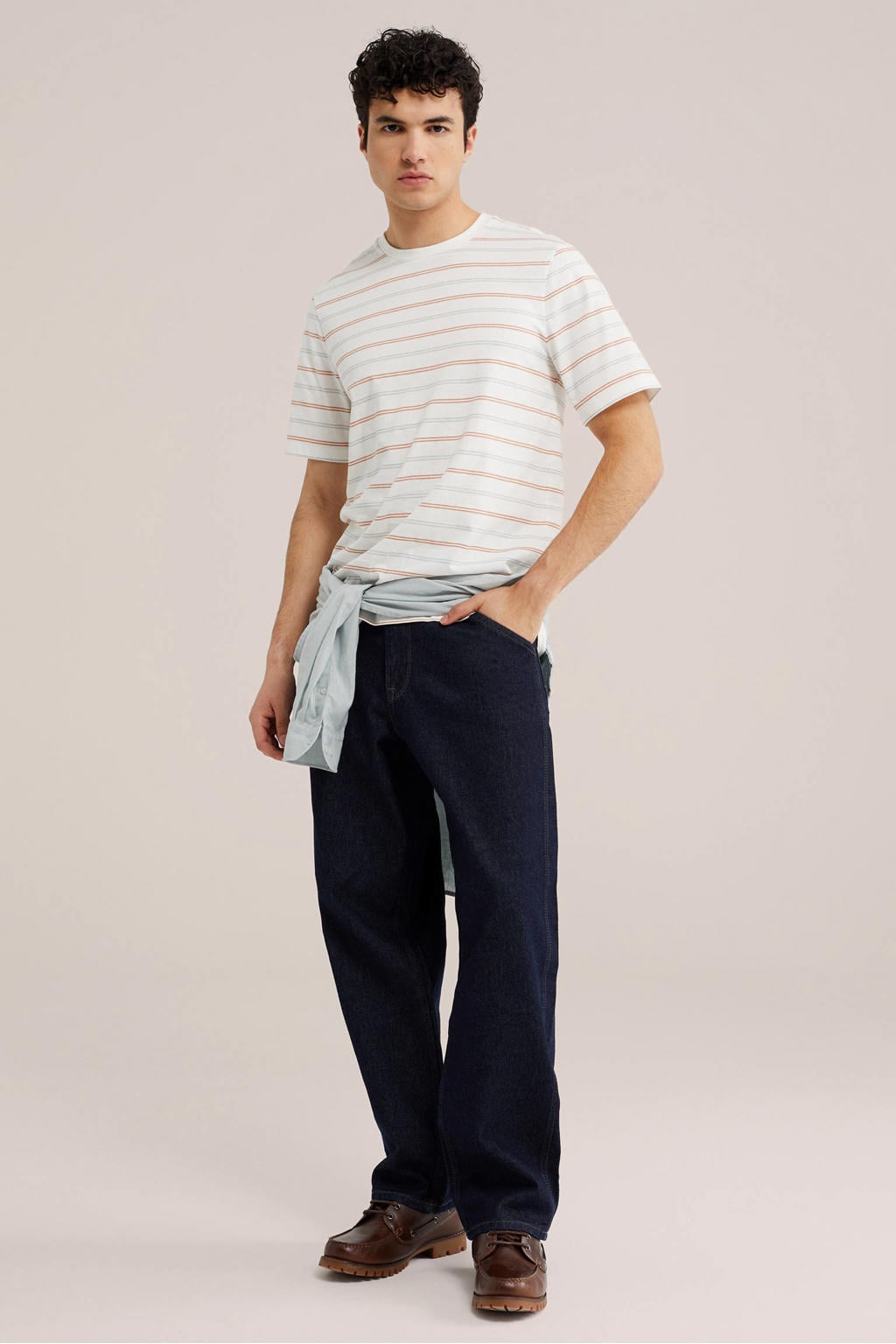 Ecru heren WE Fashion van katoen met strepenprint, korte mouwen en ronde hals