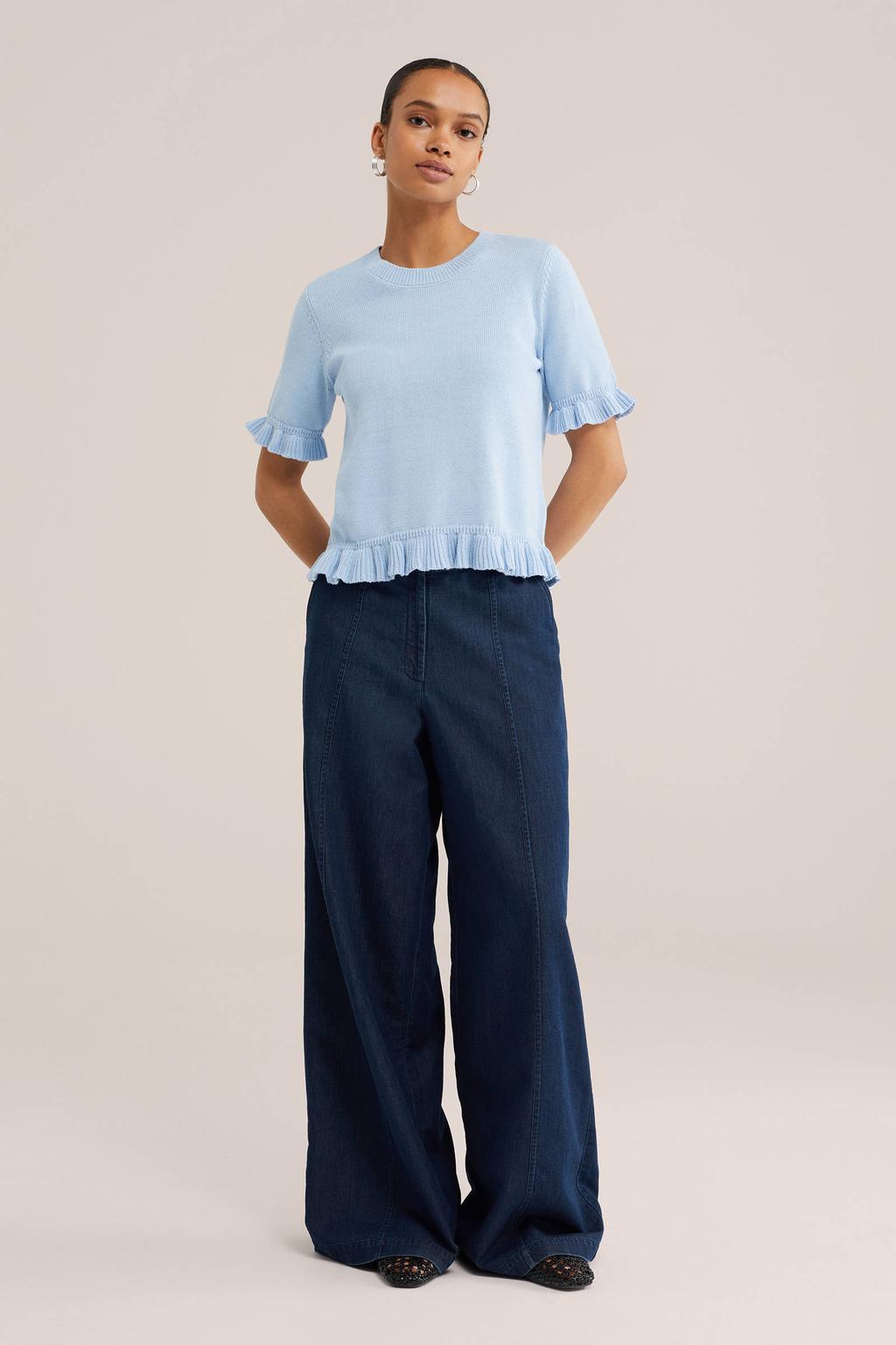 Lichtblauwe dames WE Fashion top met effen, driekwart mouwen, ronde hals en ruches