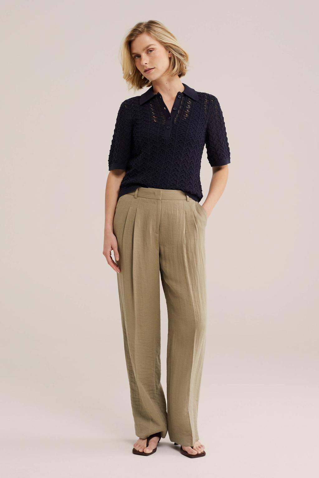 Donkerblauwe dames WE Fashion gehaakte top met effen, korte mouwen en polo kraag