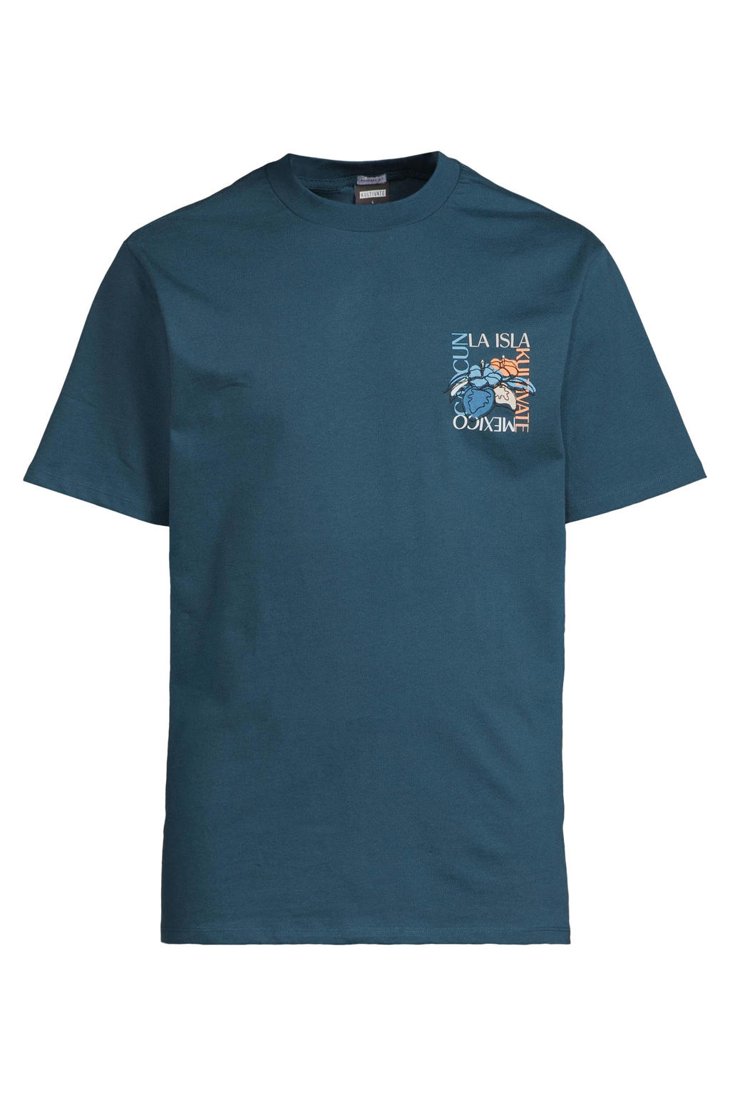 Blauwe heren Kultivate regular fit T-shirt met korte mouwen, ronde hals en borduursels