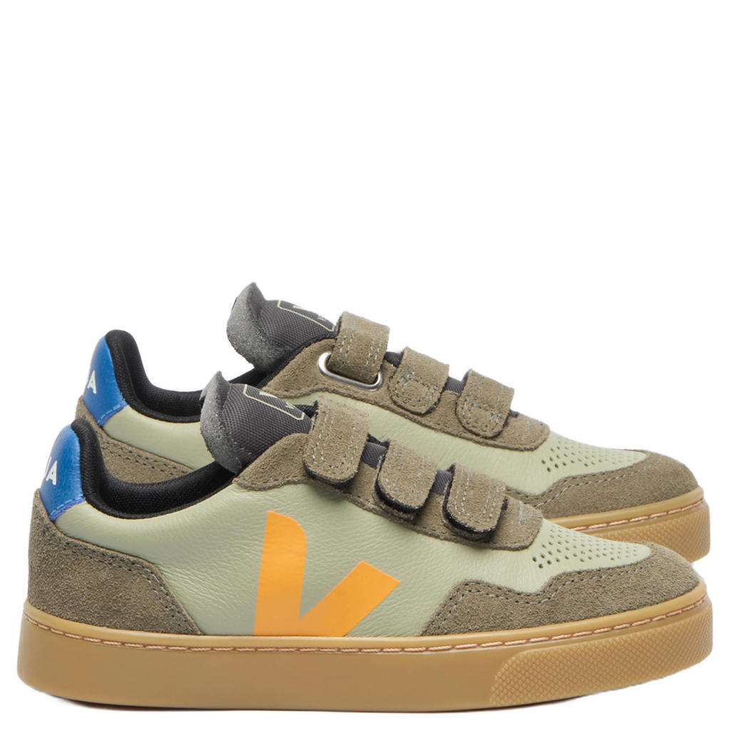 Gele jongens Veja Small V-90 leren sneakers - khaki met klittenband