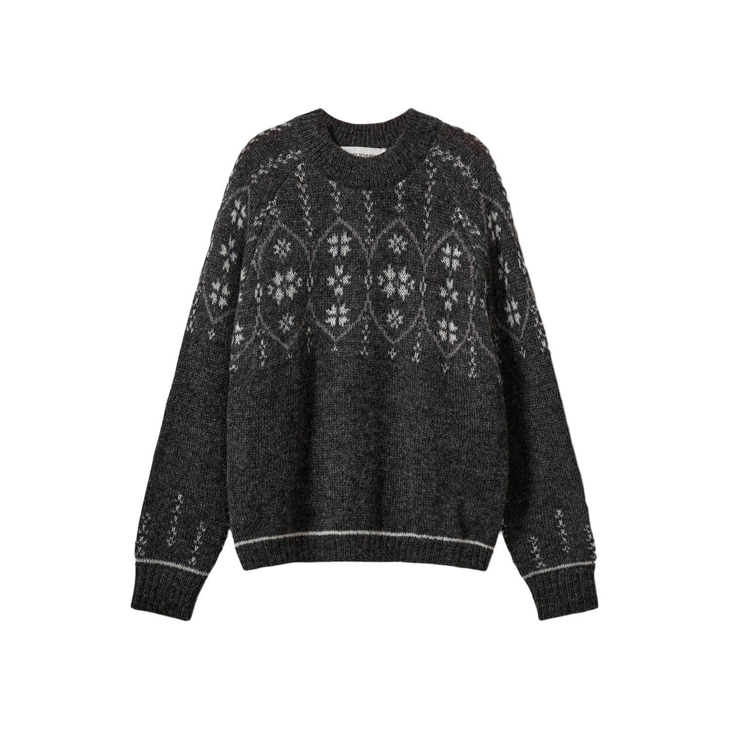Sofie Schnoor girls gebreide noorse trui met print en wol zwart antraciet