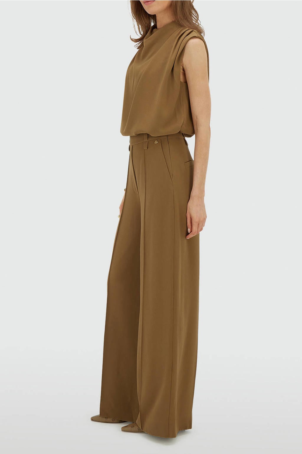 Kakikleurige dames JOSH V wide leg broek met high waist en effen