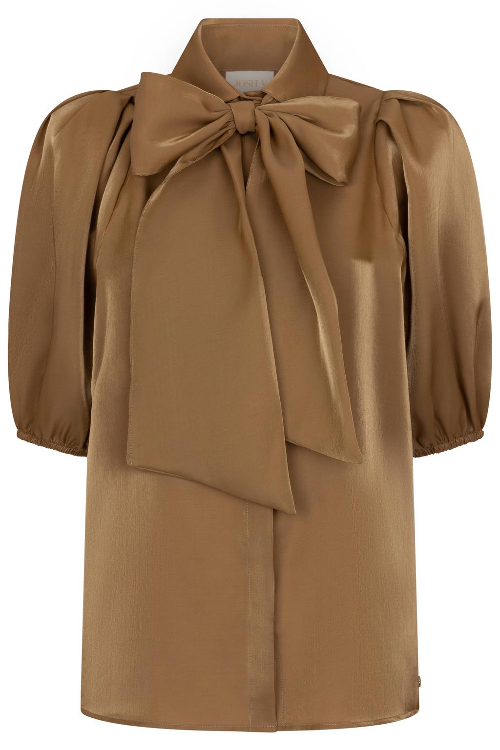 Bruine dames JOSH V satijnen blouse met effen, korte mouwen, strikkraag en knoopsluiting