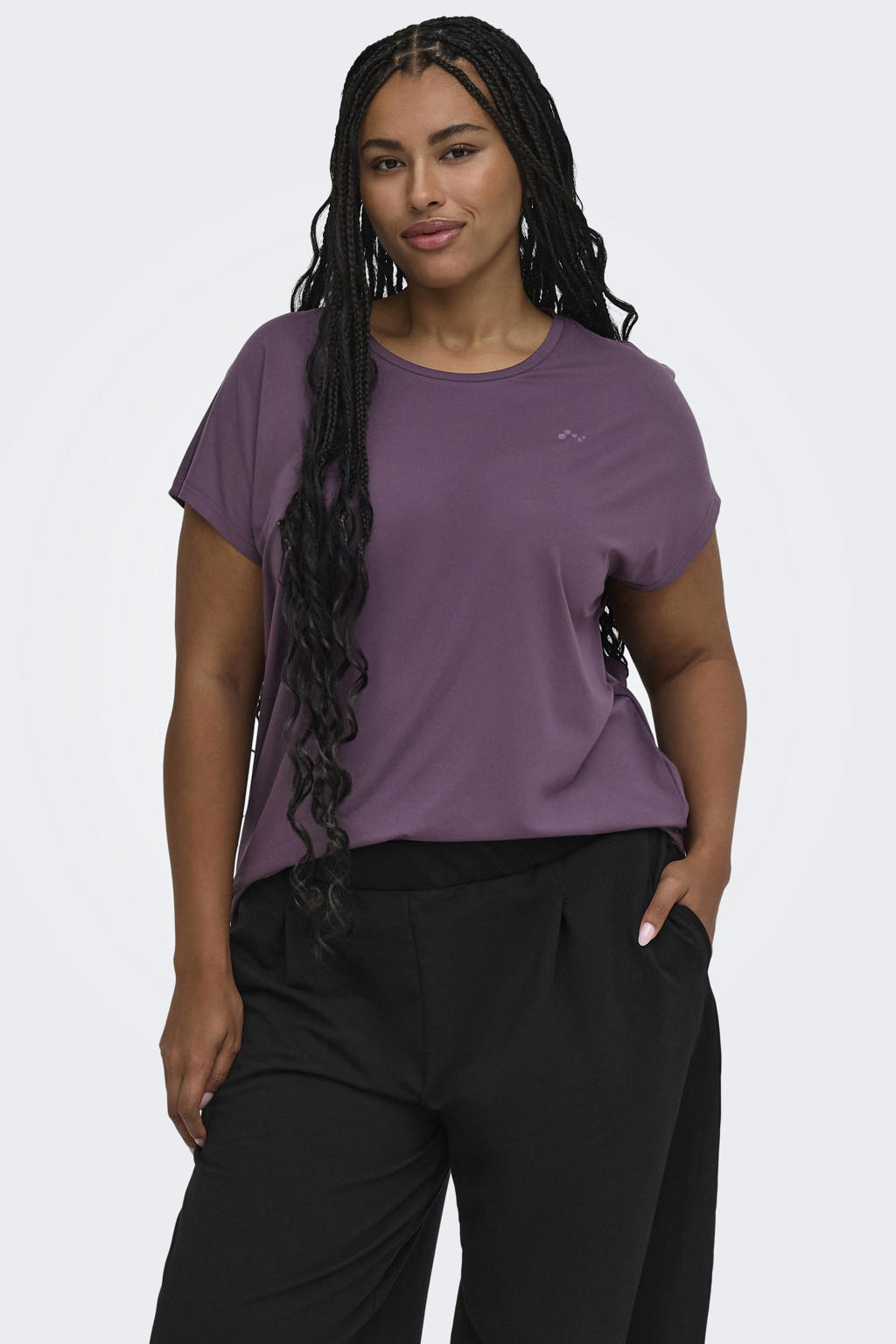 Paarse dames ONLY PLAY CURVY Plus Size sportshirt van polyester met effen en korte mouwen