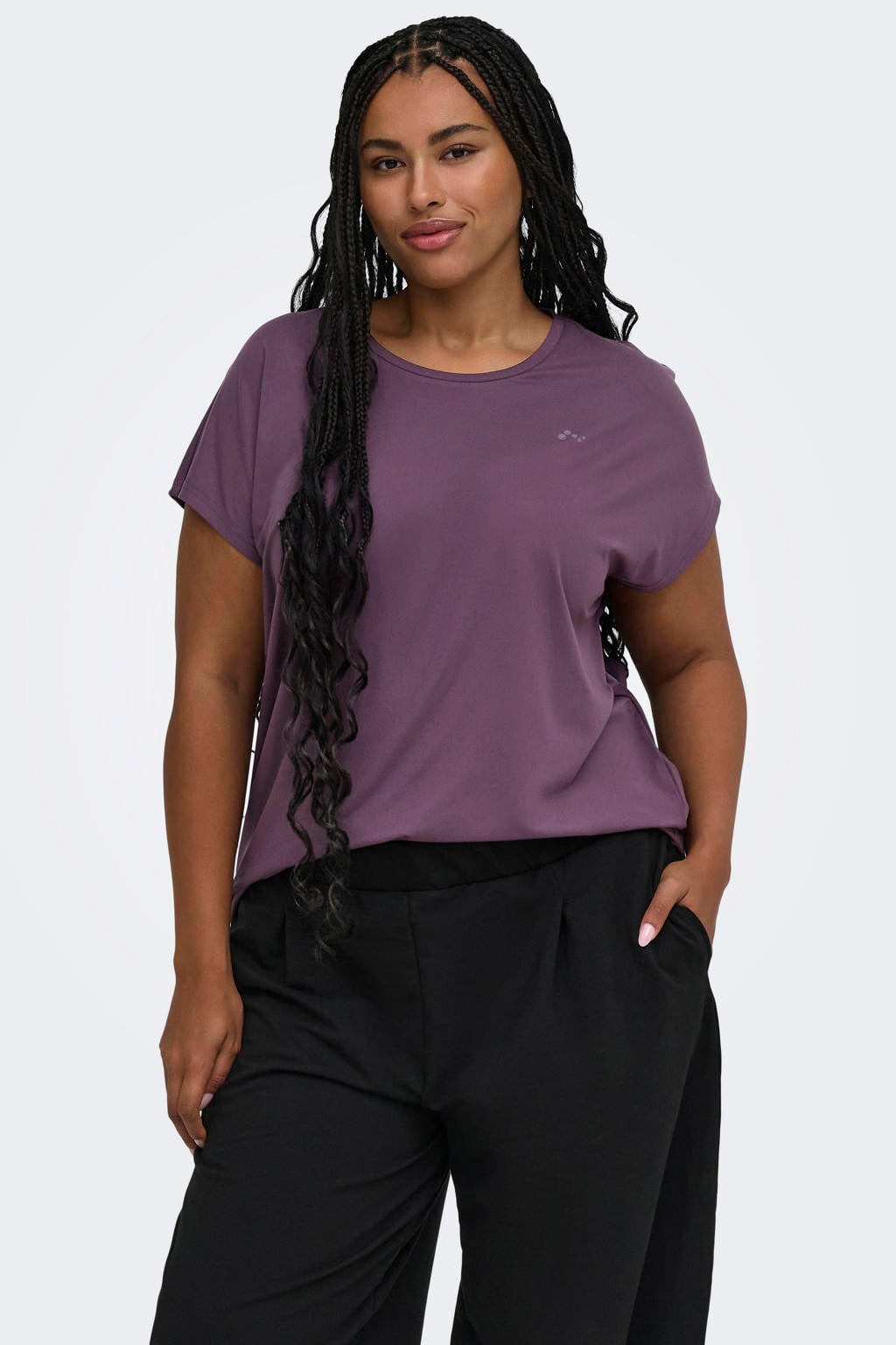 Paarse dames ONLY PLAY CURVY Plus Size sportshirt van polyester met effen en korte mouwen