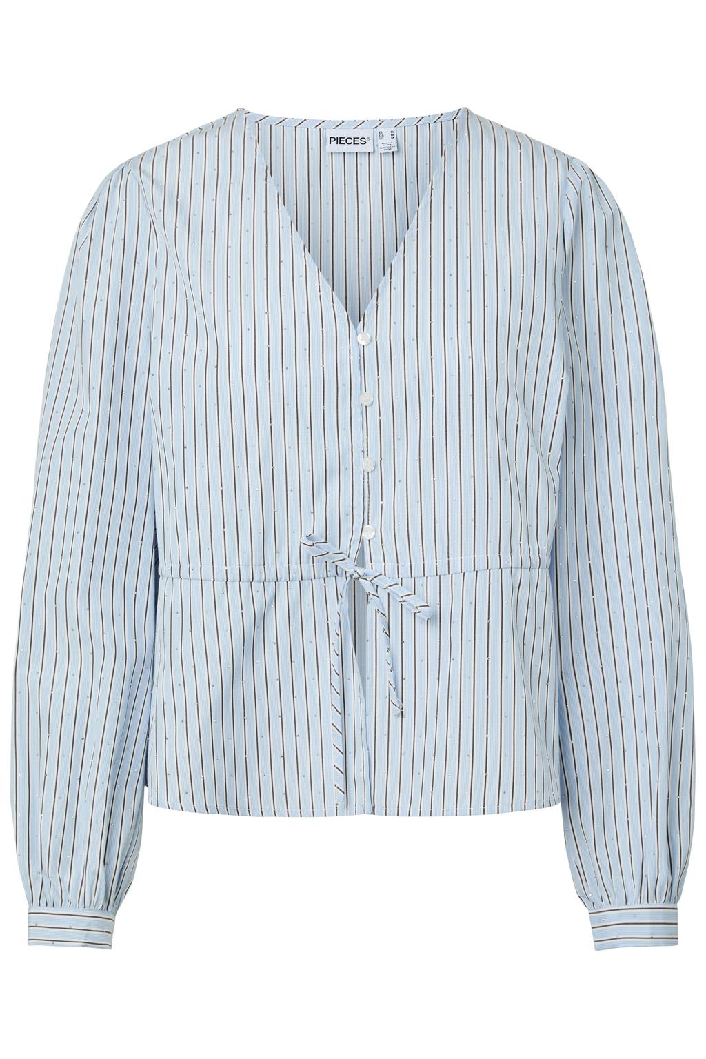 Lichtblauwe dames PIECES gestreepte blouse van polyester met lange mouwen, klassieke kraag, knoopsluiting en geweven detail