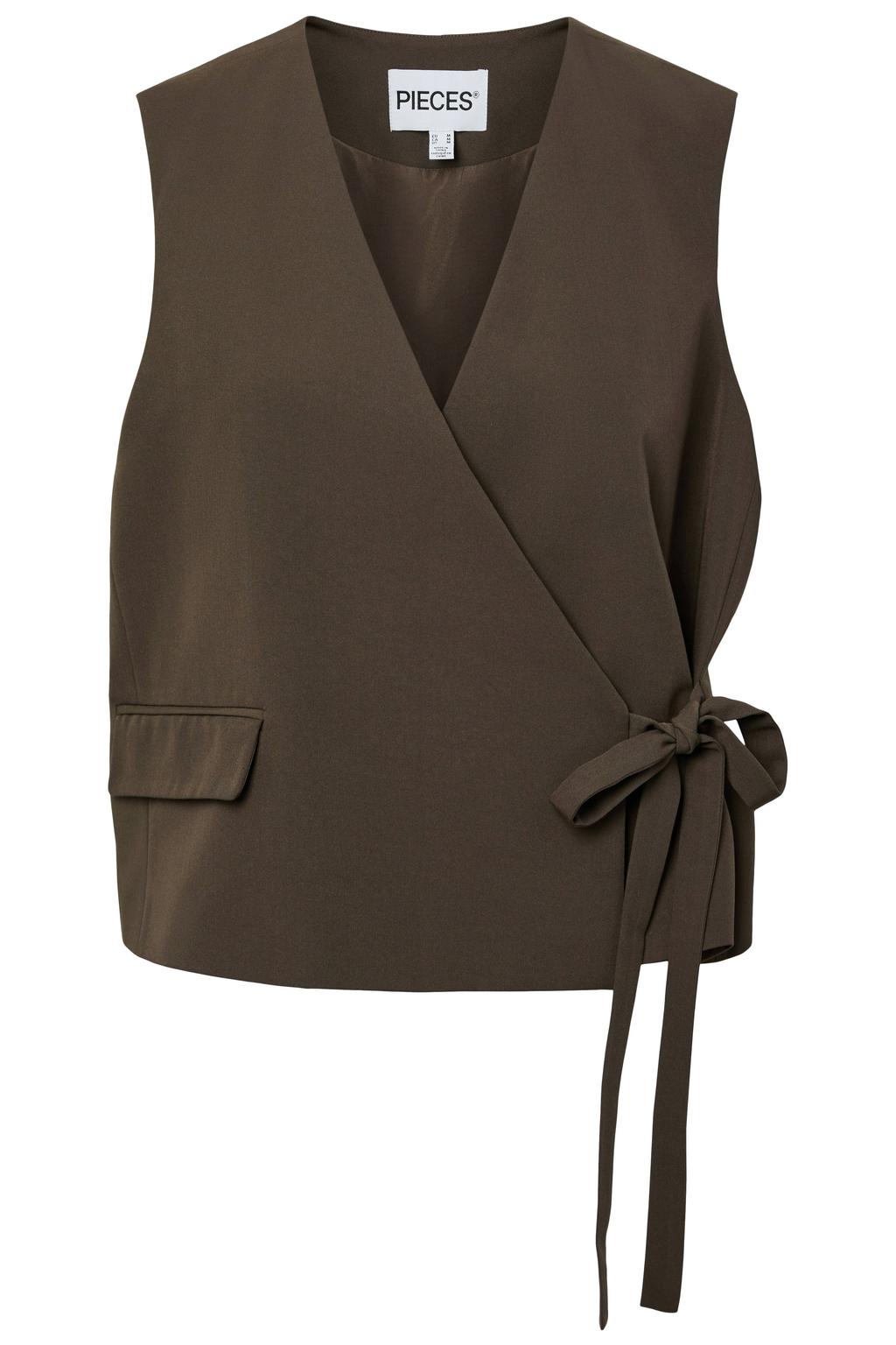 Donkerblauwe dames PIECES gilet van polyester met effen, V-hals, striksluiting en omslagdetail