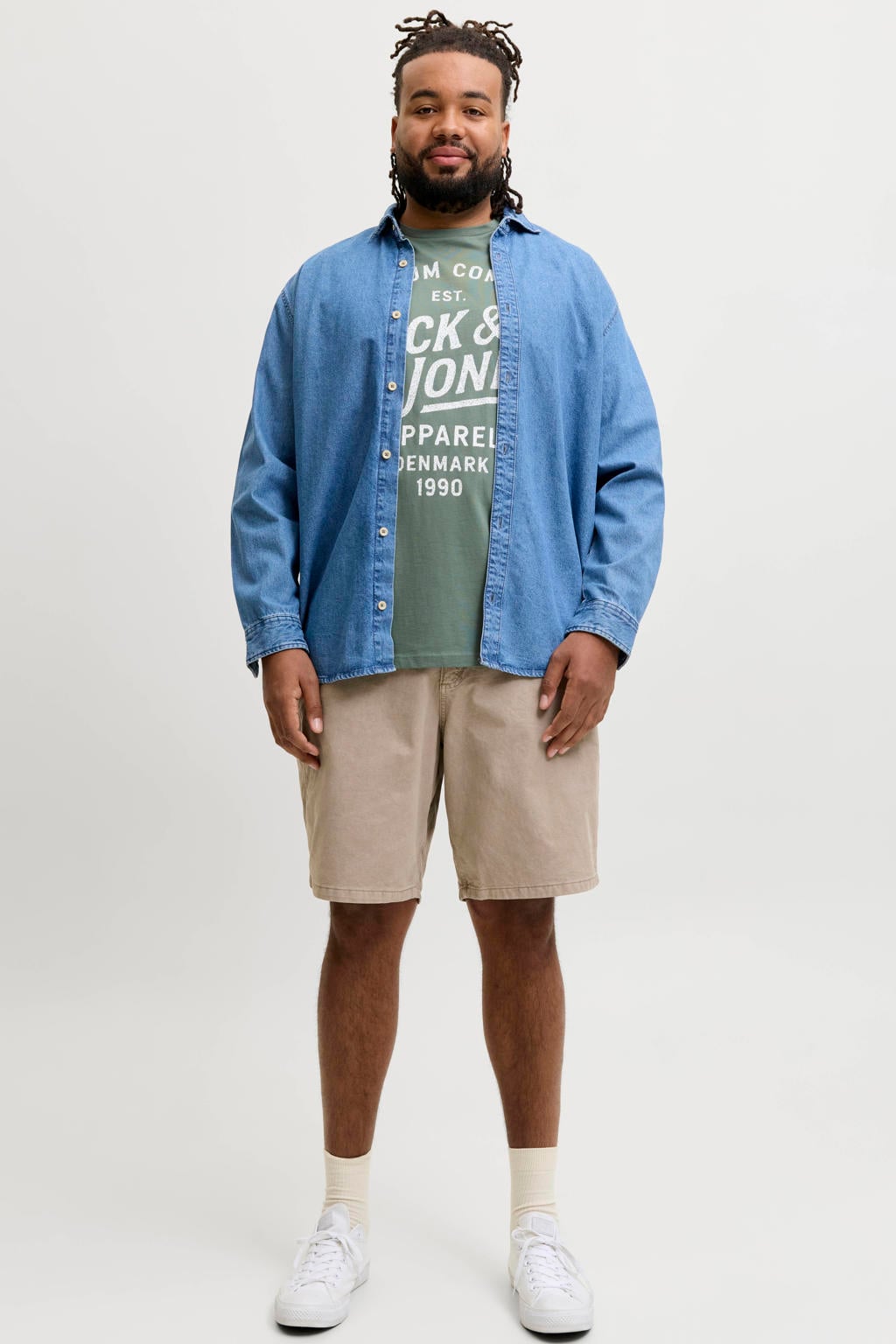Groene heren JACK & JONES PLUS SIZE regular T-shirt van katoen met printopdruk, korte mouwen en ronde hals