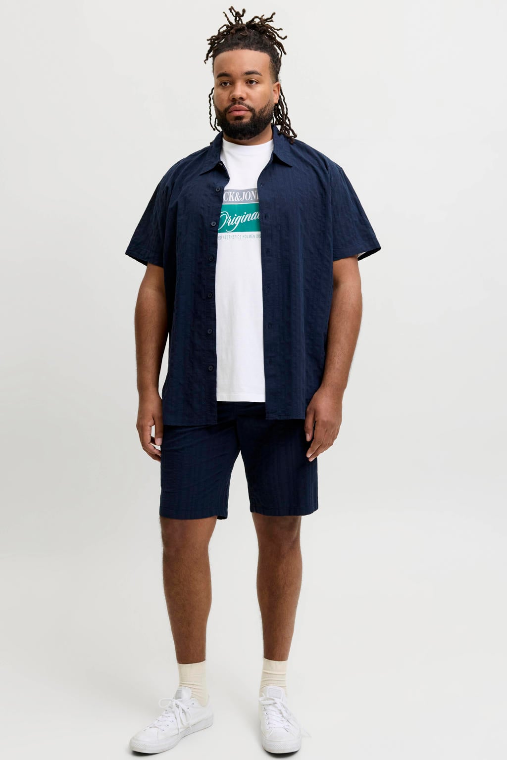 Witte heren JACK & JONES PLUS SIZE regular T-shirt van katoen met printopdruk, korte mouwen en ronde hals