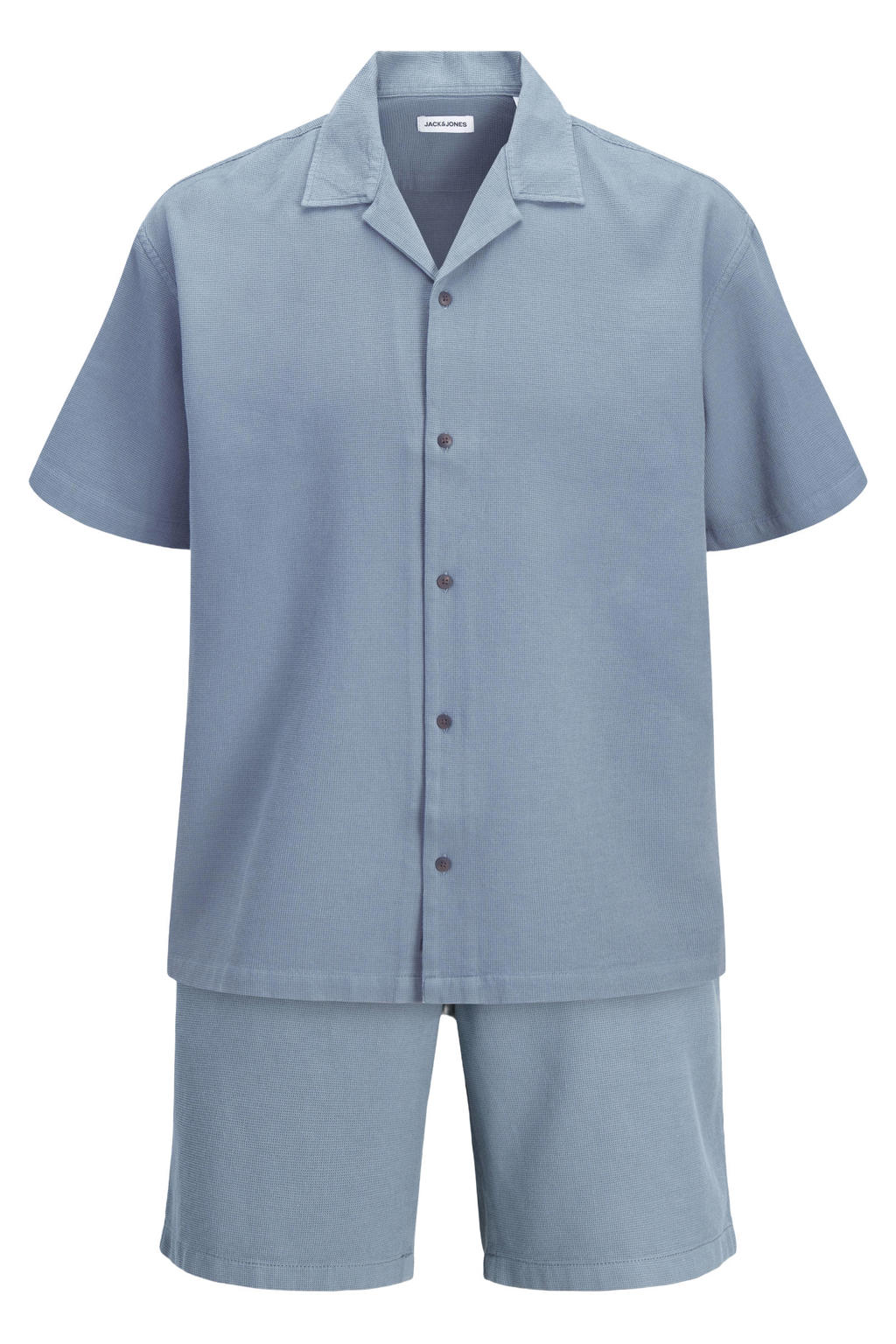 Set van 2 blauwe heren JACK & JONES PLUS SIZE relaxed casual overhemd van katoen met effen, korte mouwen, reverskraag, knoopsluiting en textuur