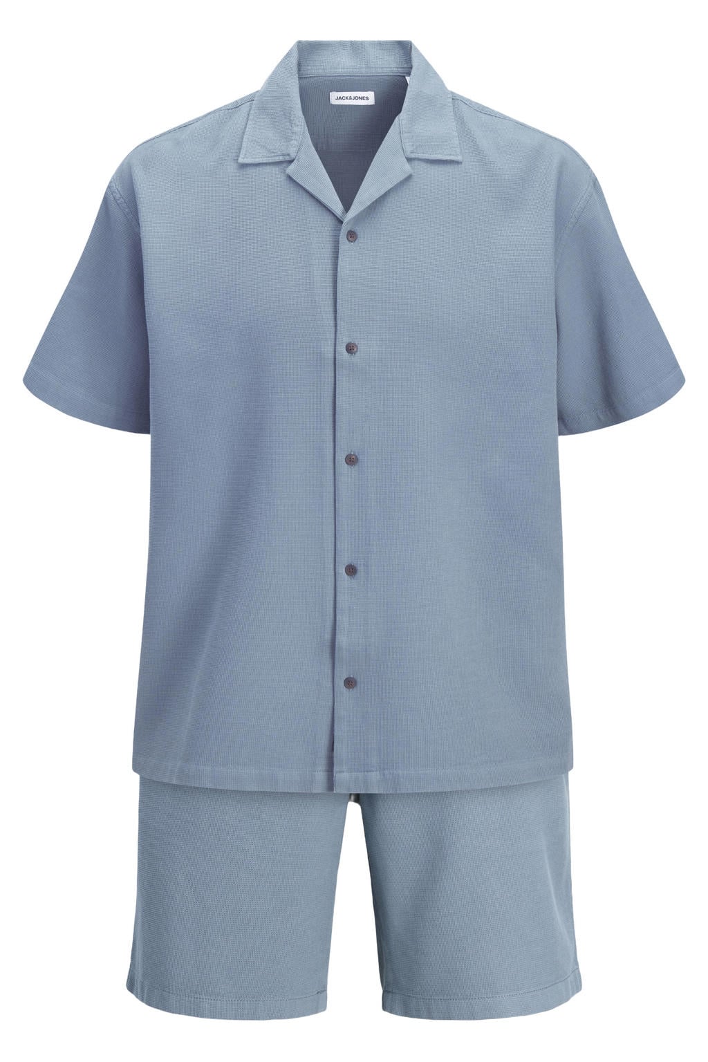 Set van 2 blauwe heren JACK & JONES PLUS SIZE relaxed casual overhemd van katoen met effen, korte mouwen, reverskraag, knoopsluiting en textuur