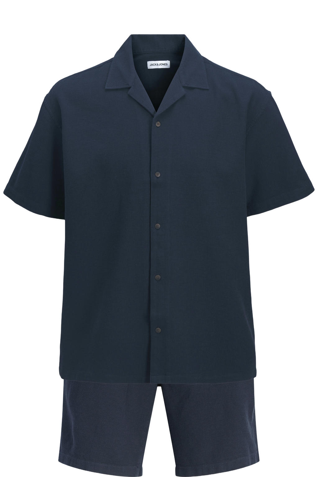 Set van 2 donkerblauwe heren JACK & JONES PLUS SIZE relaxed casual overhemd van katoen met effen, korte mouwen, reverskraag, knoopsluiting en textuur