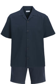 thumbnail: Set van 2 donkerblauwe heren JACK & JONES PLUS SIZE relaxed casual overhemd van katoen met effen, korte mouwen, reverskraag, knoopsluiting en textuur