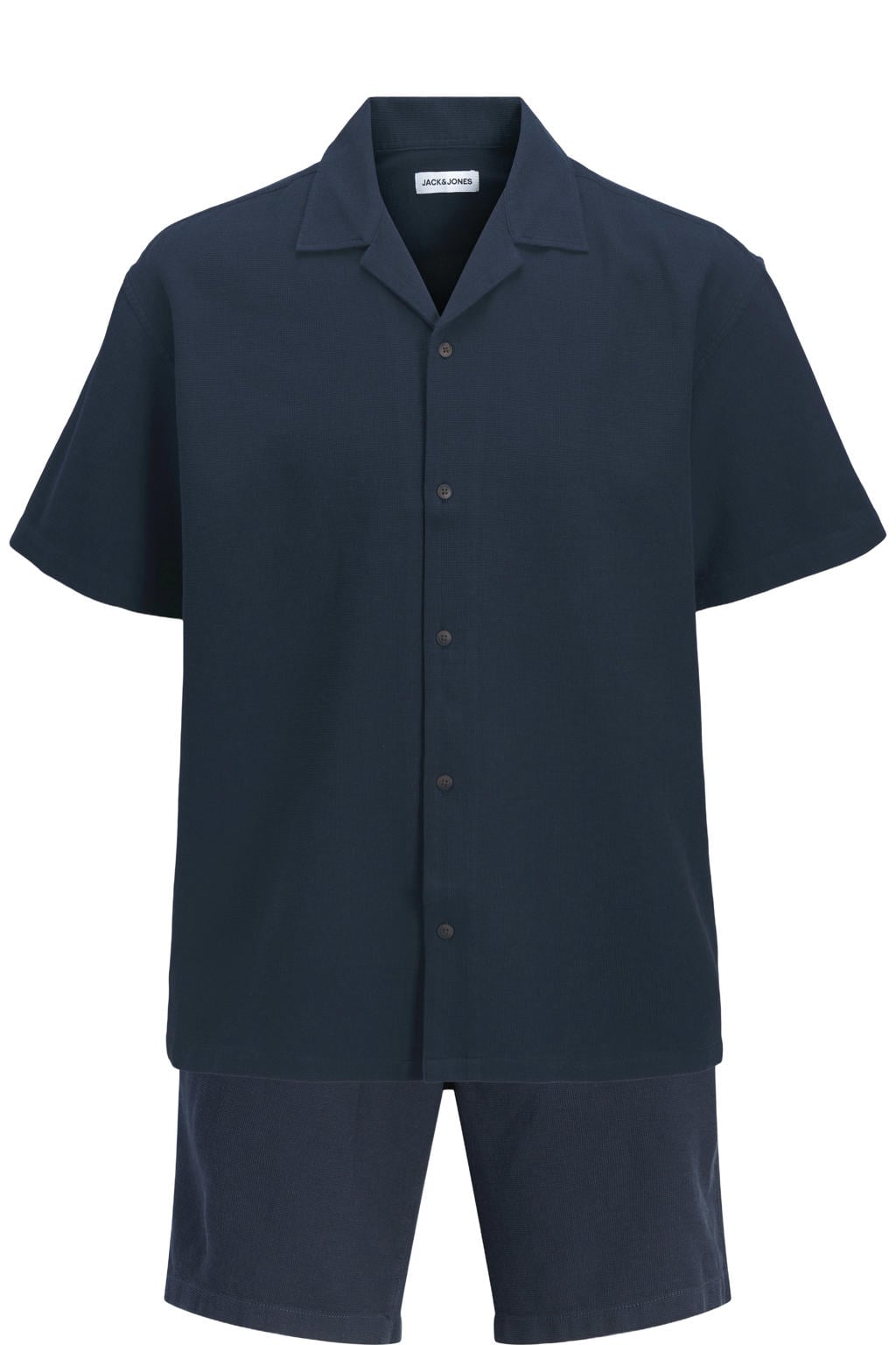 Set van 2 donkerblauwe heren JACK & JONES PLUS SIZE relaxed casual overhemd van katoen met effen, korte mouwen, reverskraag, knoopsluiting en textuur