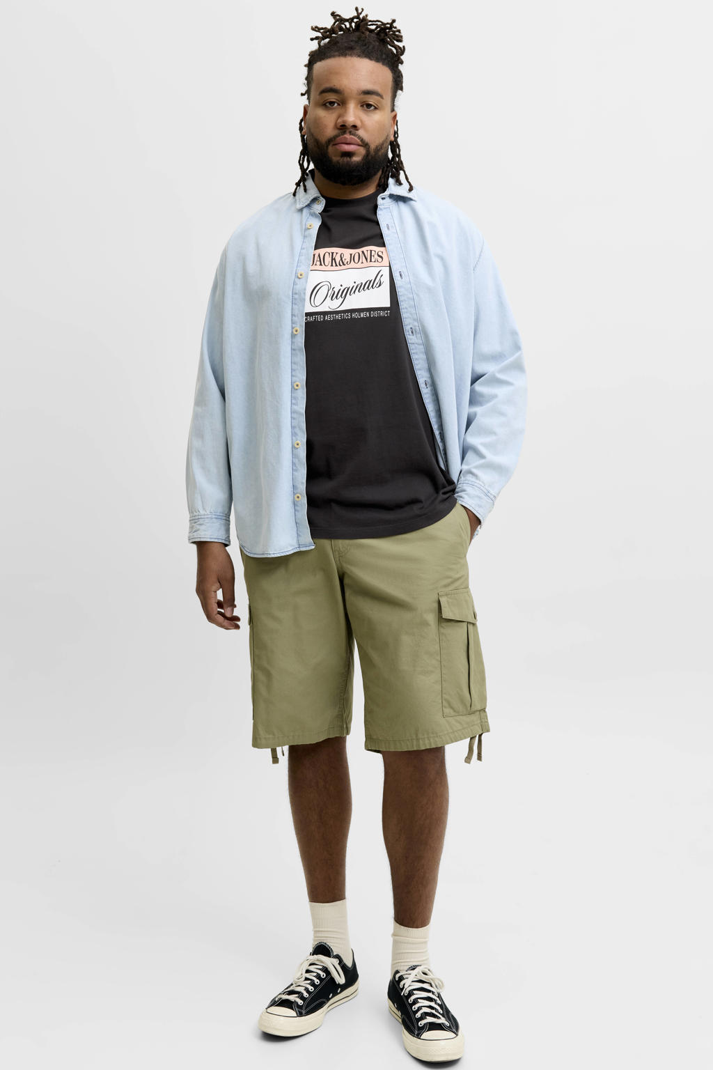 Zwarte heren JACK & JONES PLUS SIZE regular T-shirt van katoen met printopdruk, korte mouwen en ronde hals