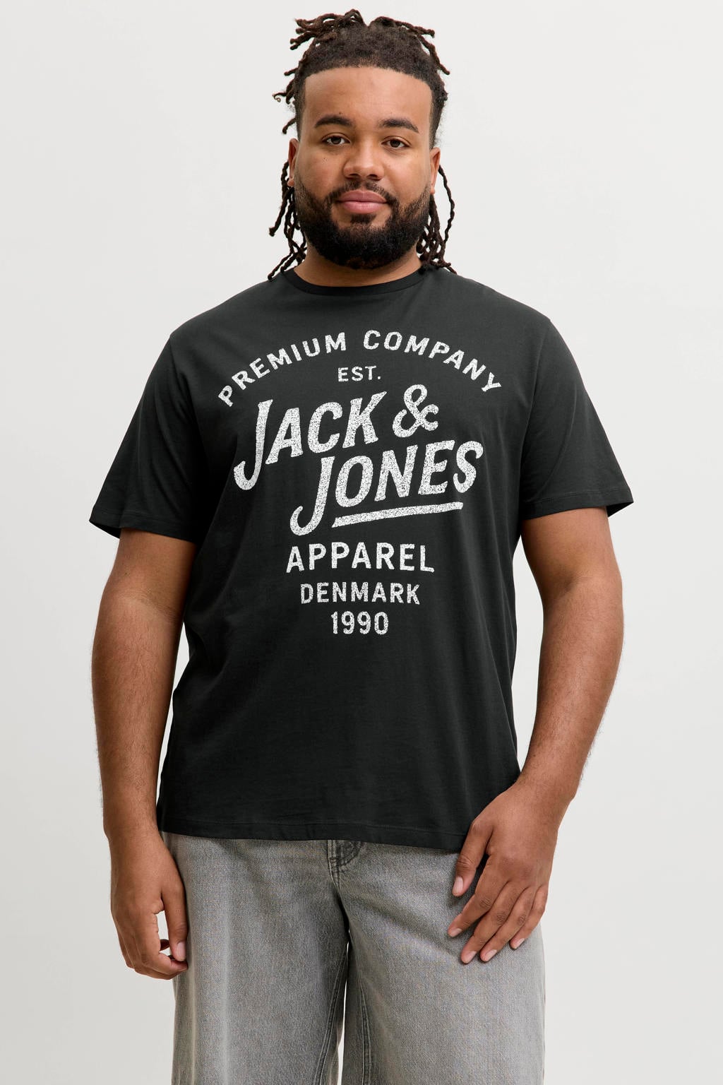 Zwarte heren JACK & JONES PLUS SIZE regular T-shirt van katoen met printopdruk, korte mouwen en ronde hals