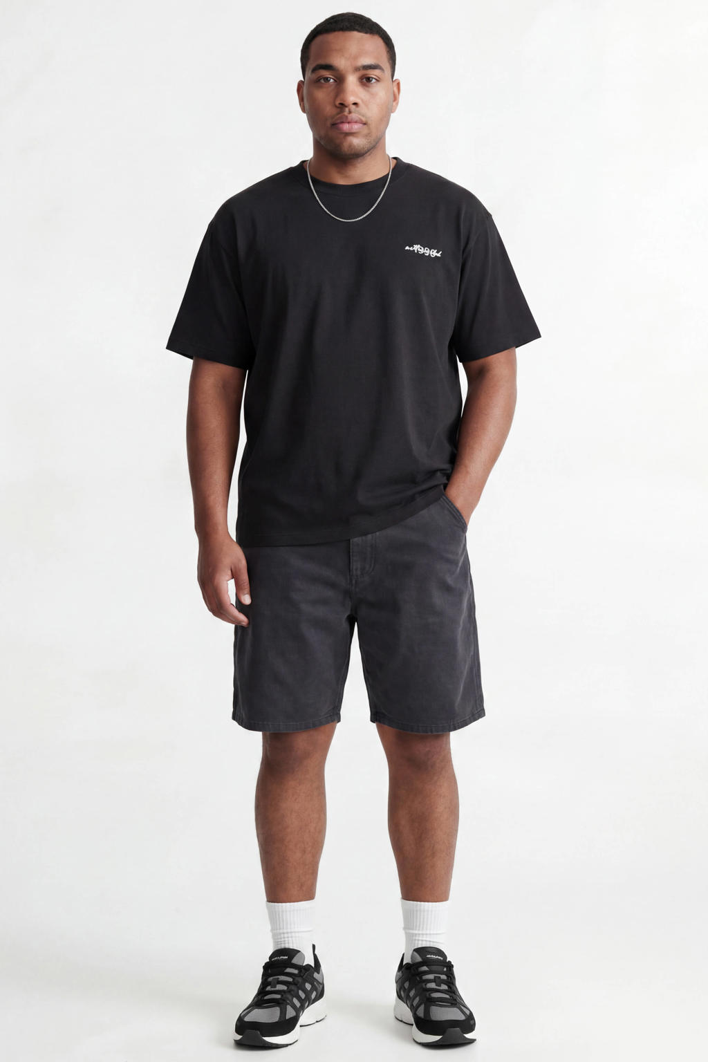 Zwarte heren JACK & JONES PLUS SIZE regular fit T-shirt van katoen met korte mouwen en ronde hals