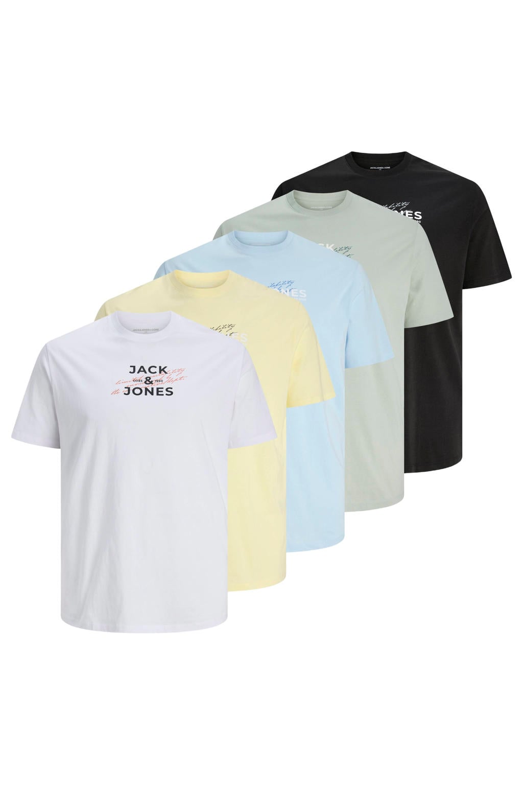 Multikleurige heren JACK & JONES PLUS SIZE regular T-shirt set van 5 van katoen met printopdruk, korte mouwen en ronde hals