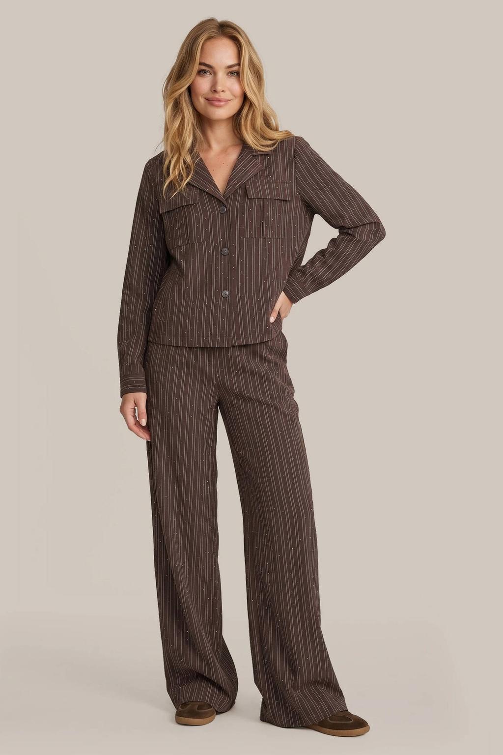 Bruine dames G-maxx gestreepte blouse van viscose met lange mouwen, reverskraag, knoopsluiting en strass steentjes