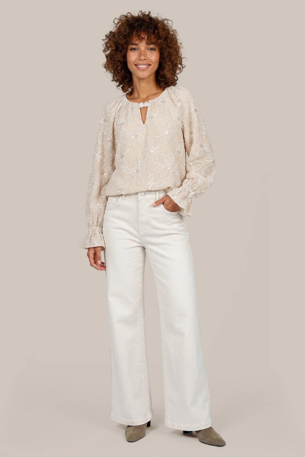Ecru dames G-maxx wide leg jeans van denim met rits- en knoopsluiting en effen