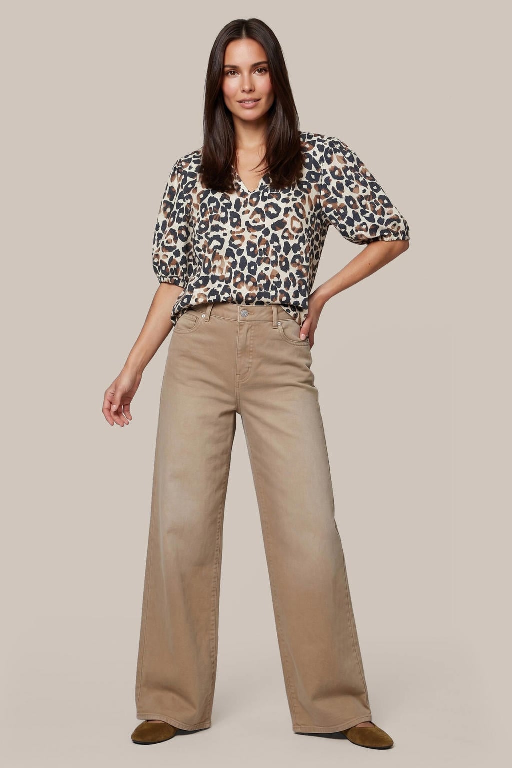 Lichtbruine dames G-maxx Neona wide leg jeans van katoen met rits- en knoopsluiting en effen