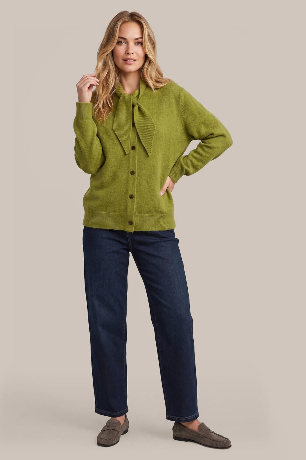 Groene dames G-maxx gebreide vest met effen, lange mouwen, sjaalkraag en knoopsluiting