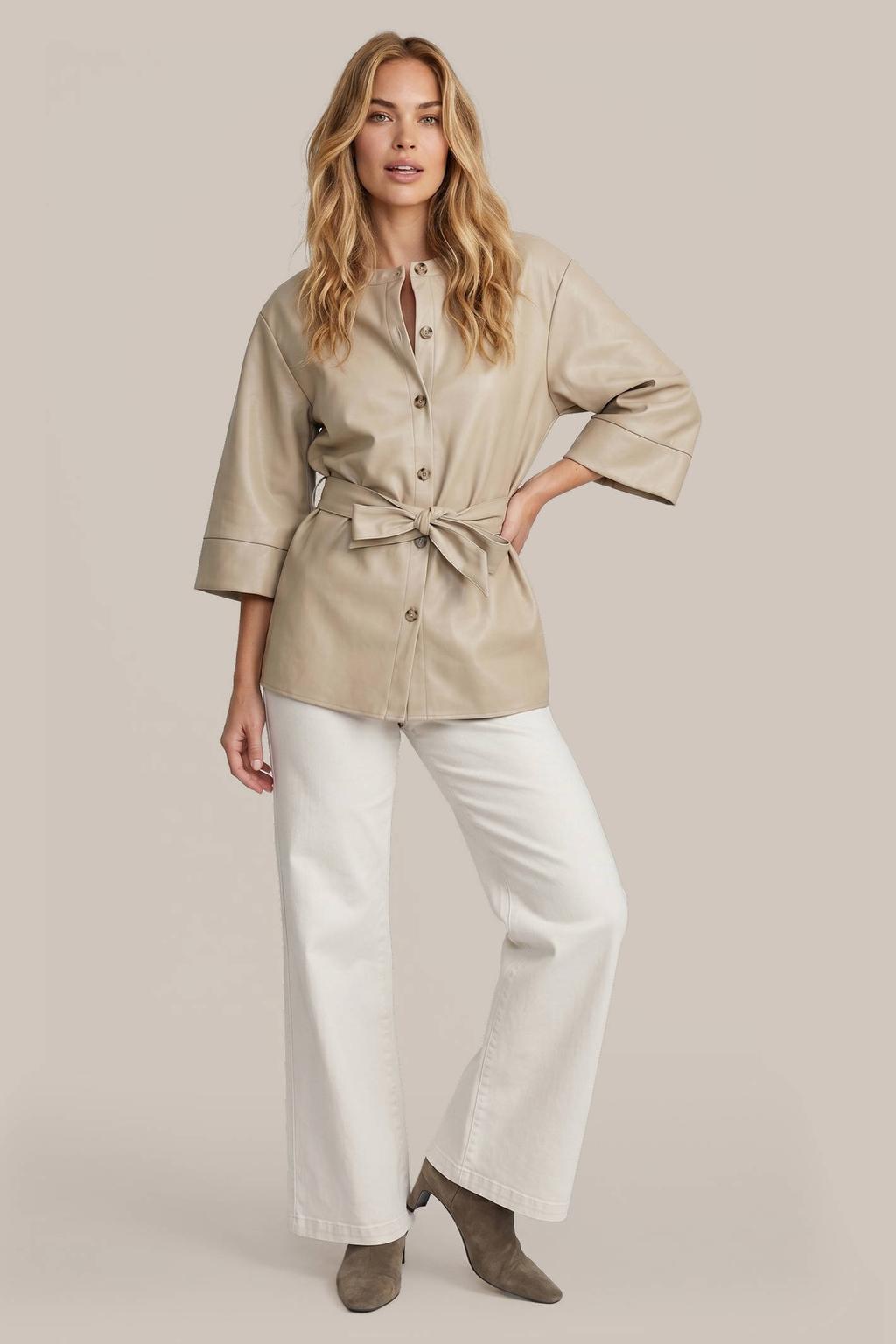 Beige dames G-maxx imitatieleren jas van polyurethaan met driekwart mouwen