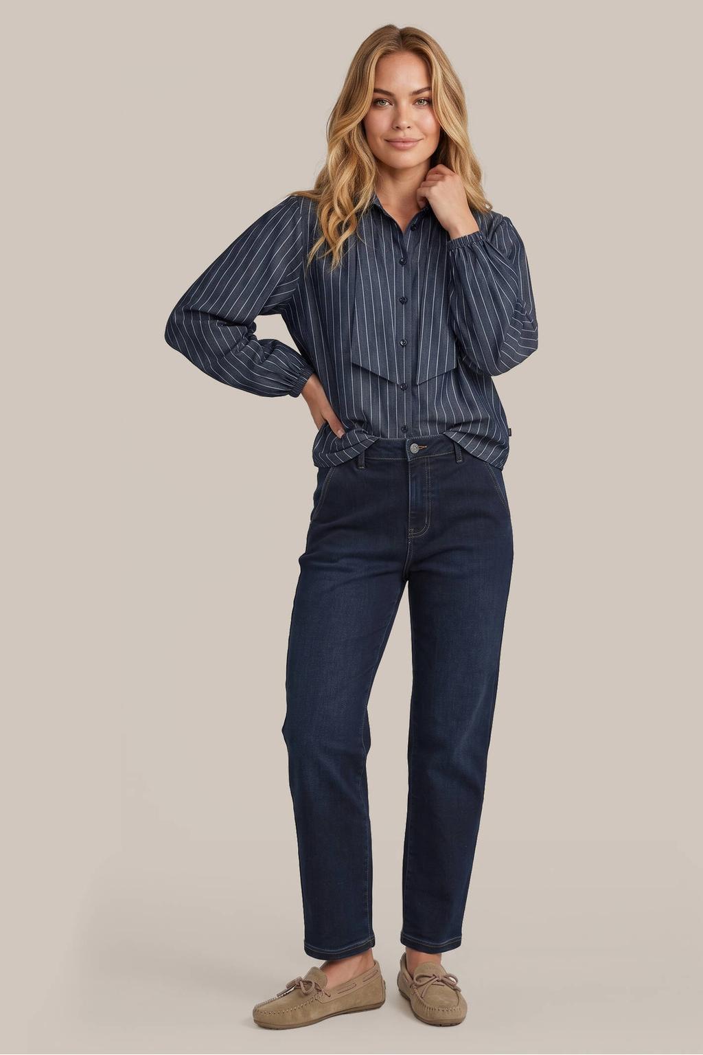 Donkerblauwe dames G-maxx gestreepte blouse van katoen met lange mouwen, klassieke kraag en knoopsluiting