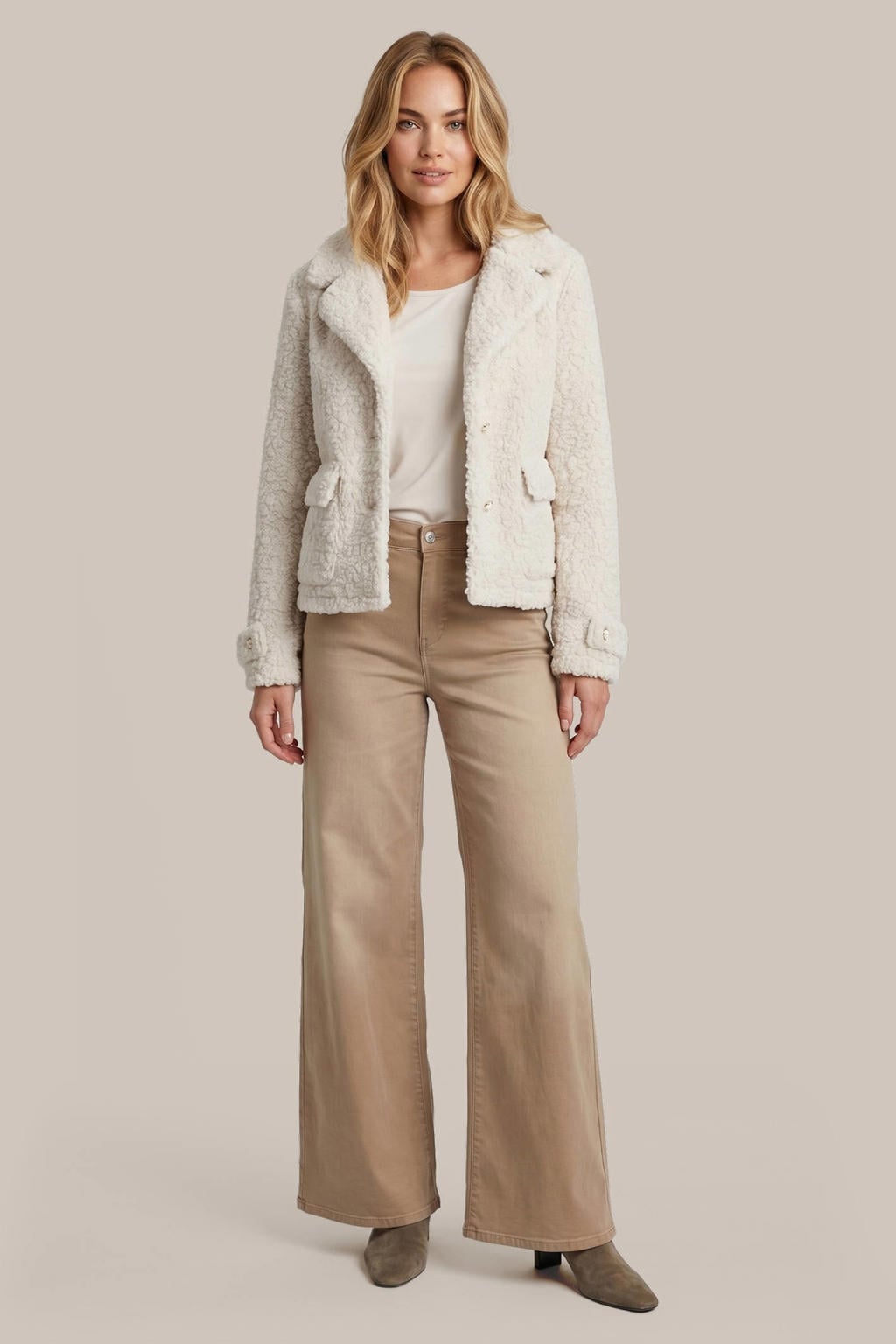 Ecru dames G-maxx teddy jas van polyester met effen, lange mouwen, reverskraag en knoopsluiting