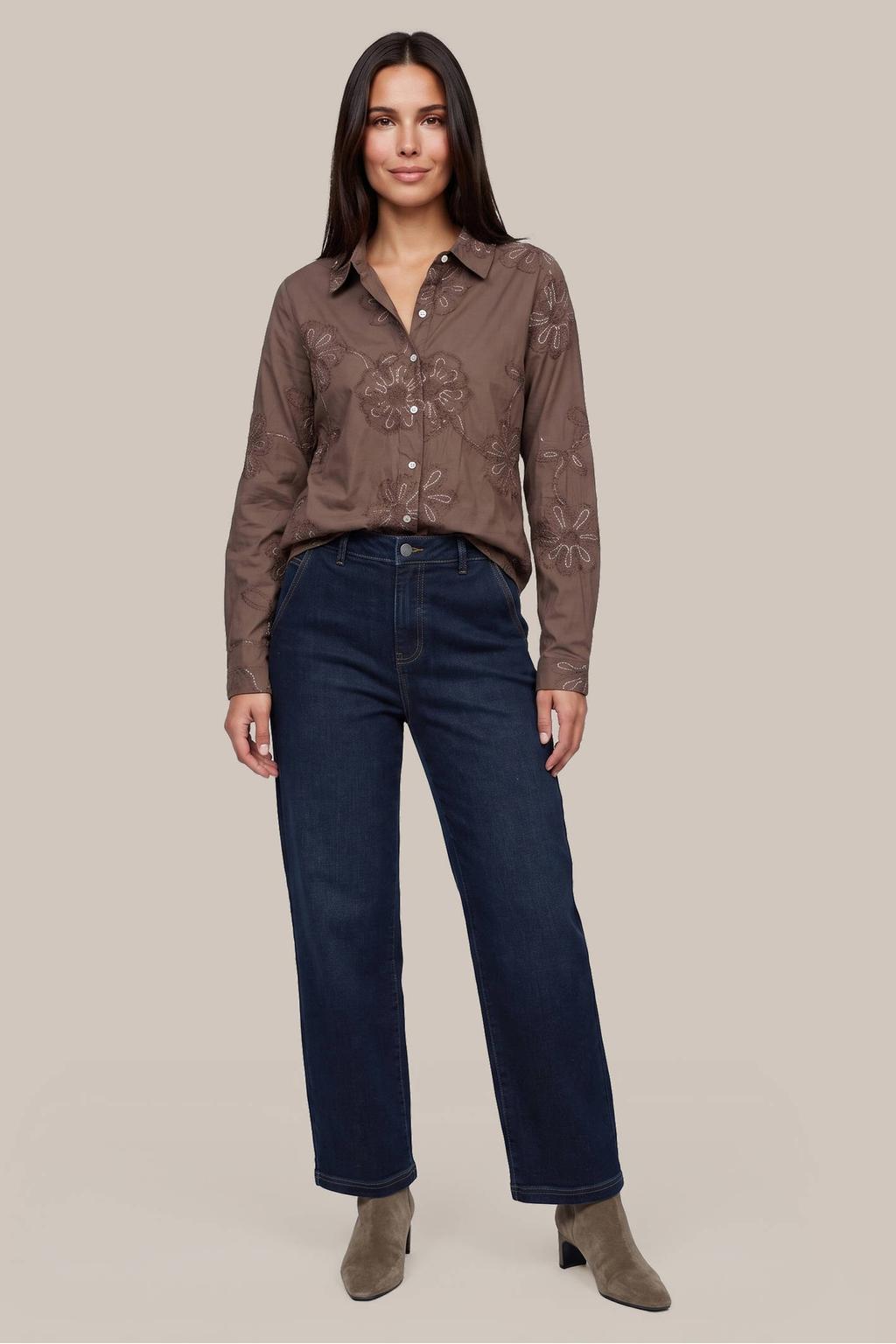 Bruine dames G-maxx blouse van katoen met effen, lange mouwen, klassieke kraag, knoopsluiting en borduursels
