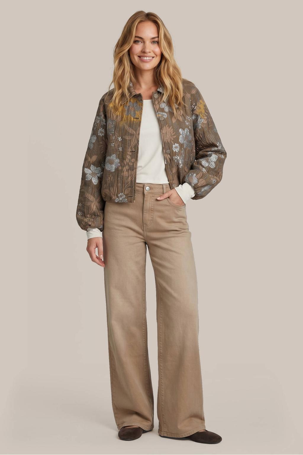 Bruine dames G-maxx gebloemde jas van polyester met lange mouwen en lurex