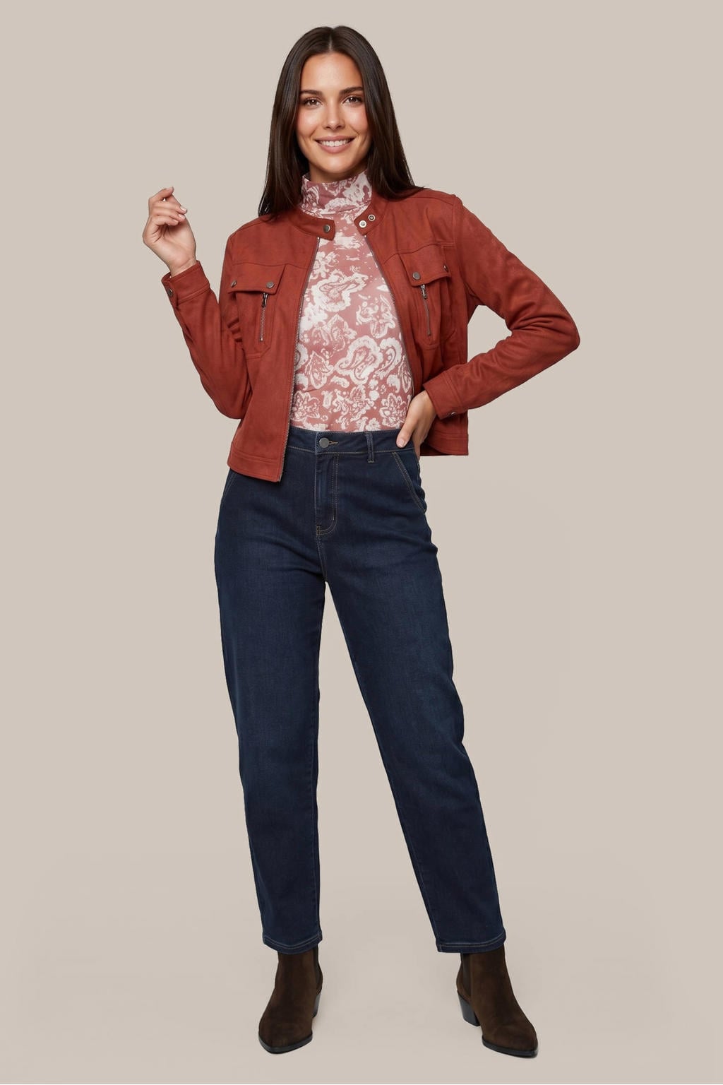 Rode dames G-maxx jack van polyester met effen, lange mouwen en ronde hals