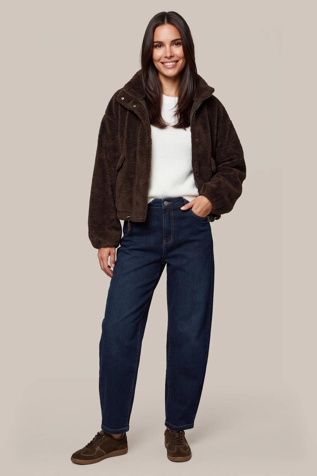 Bruine dames G-maxx faux fur jas van polyester met effen, lange mouwen, col en knoopsluiting