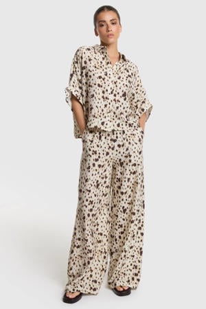 viscose loose fit broek met tekst - beige