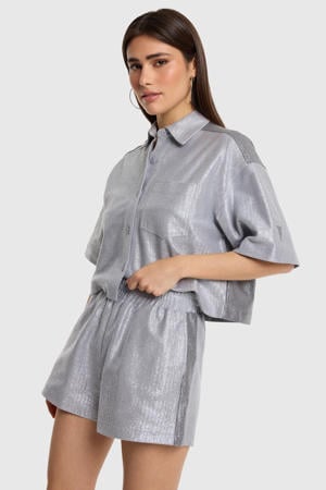 blouse met glitters en tekst - grijs