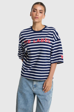 boxy gestreepte T-shirt met tekst - donkerblauw