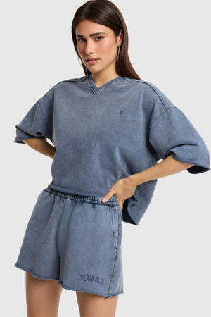 katoenen cropped trui met tekst - donkerblauw