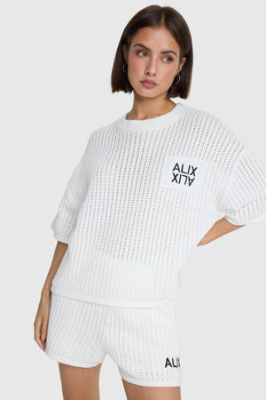 regular fit ajour gebreide gehaakte casual short met tekst - wit