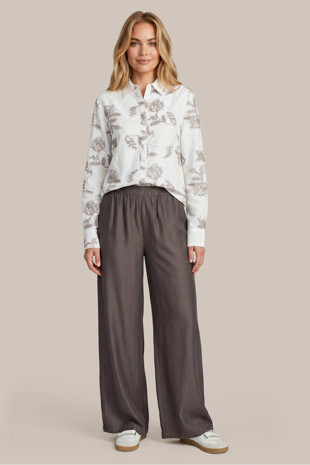 Ecru dames G-maxx blouse van viscose met effen, lange mouwen, klassieke kraag, knoopsluiting en borduursels