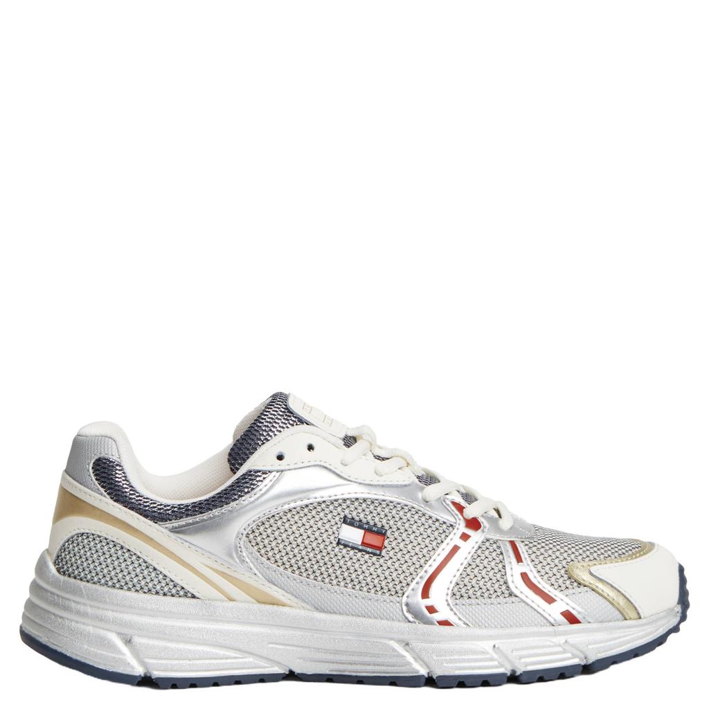 Zilverkleurige dames Tommy Jeans sneakers - van imitatieleer en textiel met veters