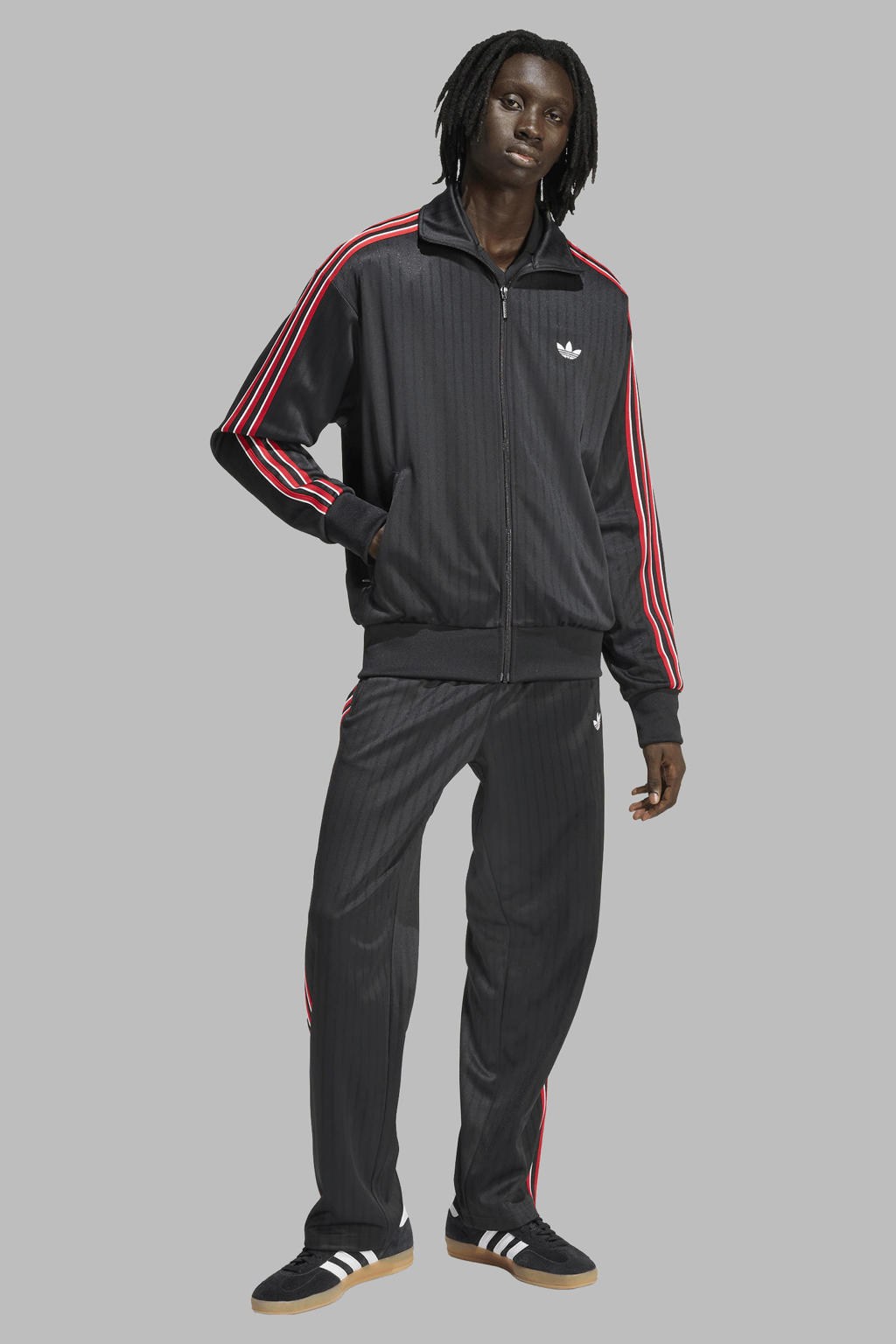 Zwart en rode heren adidas Originals Firebird trainingsjack van polyester met lange mouwen, opstaande kraag en ritssluiting