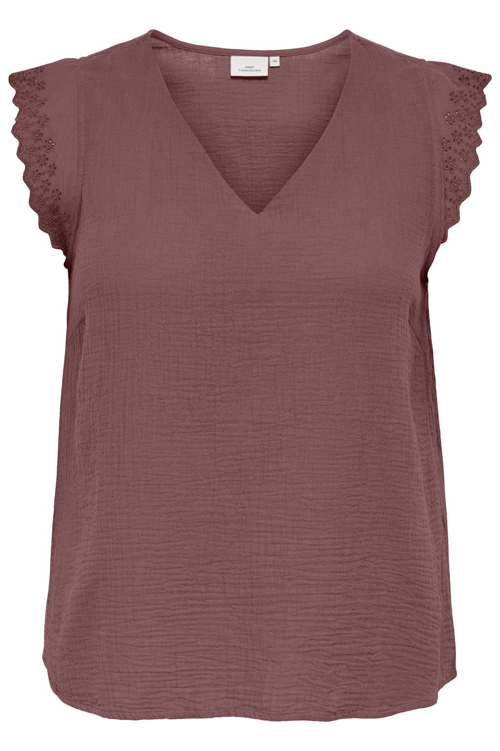 Roodbruine dames ONLY CARMAKOMA top broderie bruin met effen, korte mouwen en V-hals
