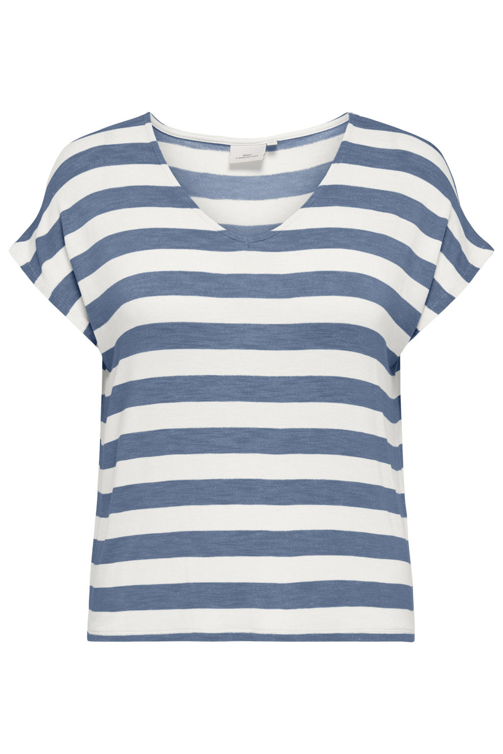 Blauw en witte dames ONLY CARMAKOMA gestreepte top van viscose met korte mouwen en V-hals